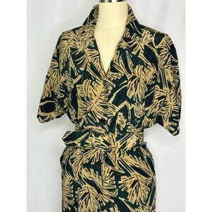 Vintage 80's Tan Floral Palm Silk Safari Shirt Dress 8 Medium